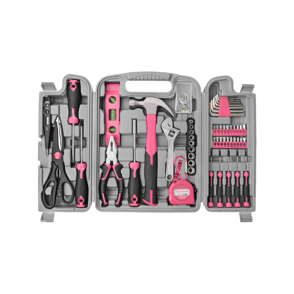 56 Uds. Kit de herramientas para el hogar rosa caja de herramientas de mano básicas reparaciones juego de herramientas completo para mujeres